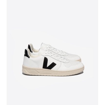 Veja Men's V-10 Leather Sneaker in White Black  Men's Footwear